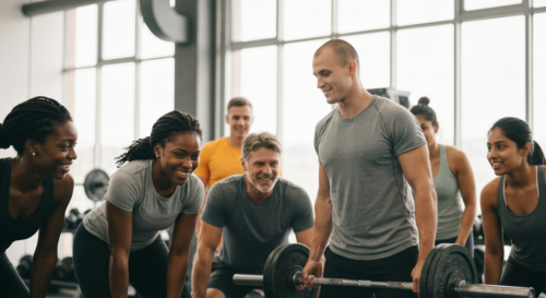A realistic photo of a diverse group of athletes in a gym, smiling and supporting each other during a training session, with one person demonstrating proper form while others watch attentively, natura