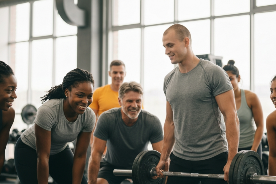 La Humildad en el Entrenamiento: Clave para el Éxito Deportivo 1 A realistic photo of a diverse group of athletes in a gym, smiling and supporting each other during a training session, with one person demonstrating proper form while others watch attentively, natura
