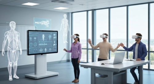A photorealistic image of a modern medical classroom with students using advanced technology: holographic anatomical models floating in mid-air, interactive touchscreens displaying medical data, and s