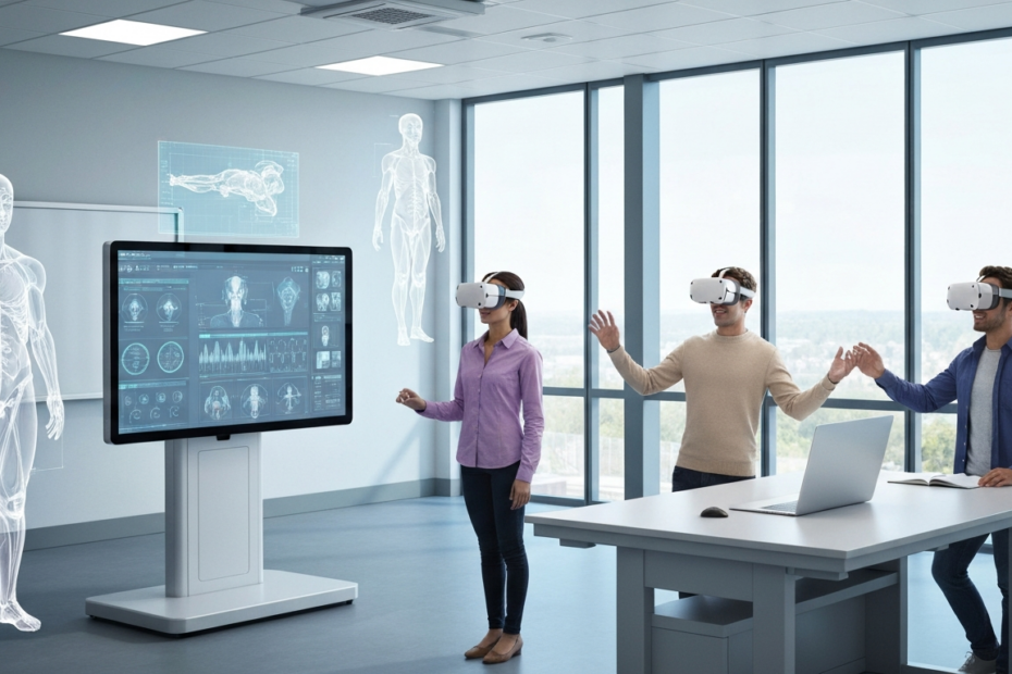 Inteligencia Artificial en Medicina: Revolución Educativa y Clínica 1 A photorealistic image of a modern medical classroom with students using advanced technology: holographic anatomical models floating in mid-air, interactive touchscreens displaying medical data, and s