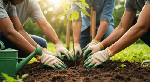 A detailed photorealistic image showing a diverse group of people of different ages participating in a tree planting activity in a community garden, with hands carefully placing a young sapling into r
