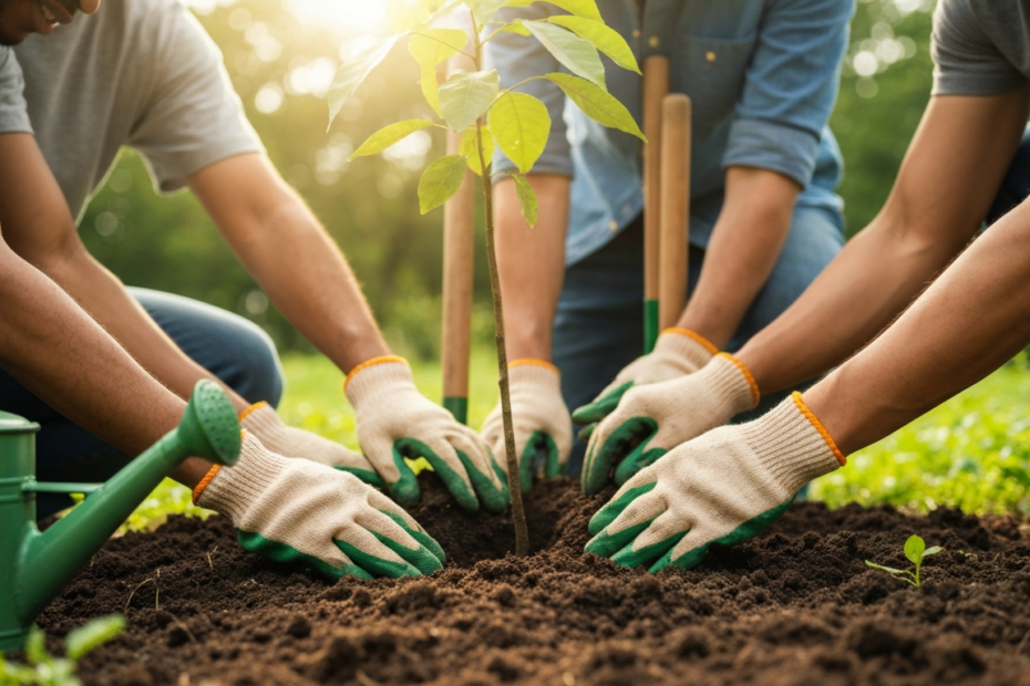 50 años de conservación ambiental: legado y futuro sostenible 1 A detailed photorealistic image showing a diverse group of people of different ages participating in a tree planting activity in a community garden, with hands carefully placing a young sapling into r