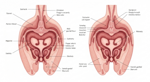 A detailed medical illustration showing cross-sectional anatomy of male and female genital regions with labels for major structures, in a clean clinical style with soft lighting, no text or logos visi