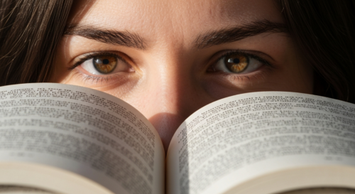 A close-up photorealistic image of a person's eyes focused on an open book with detailed text, showing concentration and clarity in the iris, with soft natural lighting highlighting the eye structures