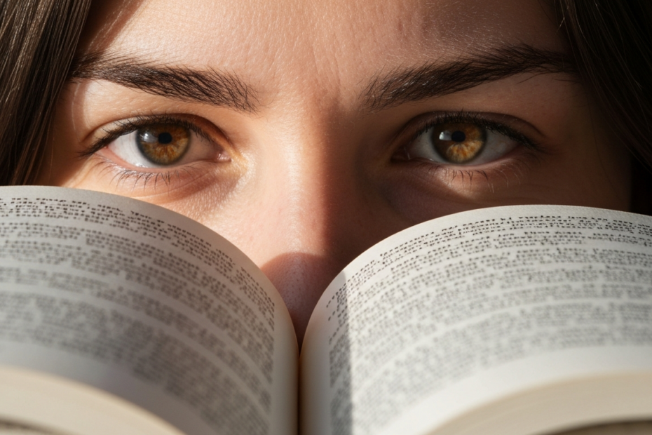 A close-up photorealistic image of a person's eyes focused on an open book with detailed text, showing concentration and clarity in the iris, with soft natural lighting highlighting the eye structures