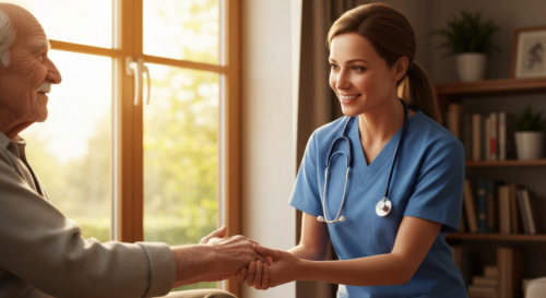 A compassionate healthcare professional gently holding the hand of an elderly person in a home setting, showing care and connection, natural lighting, realistic details of wrinkled hands and professio