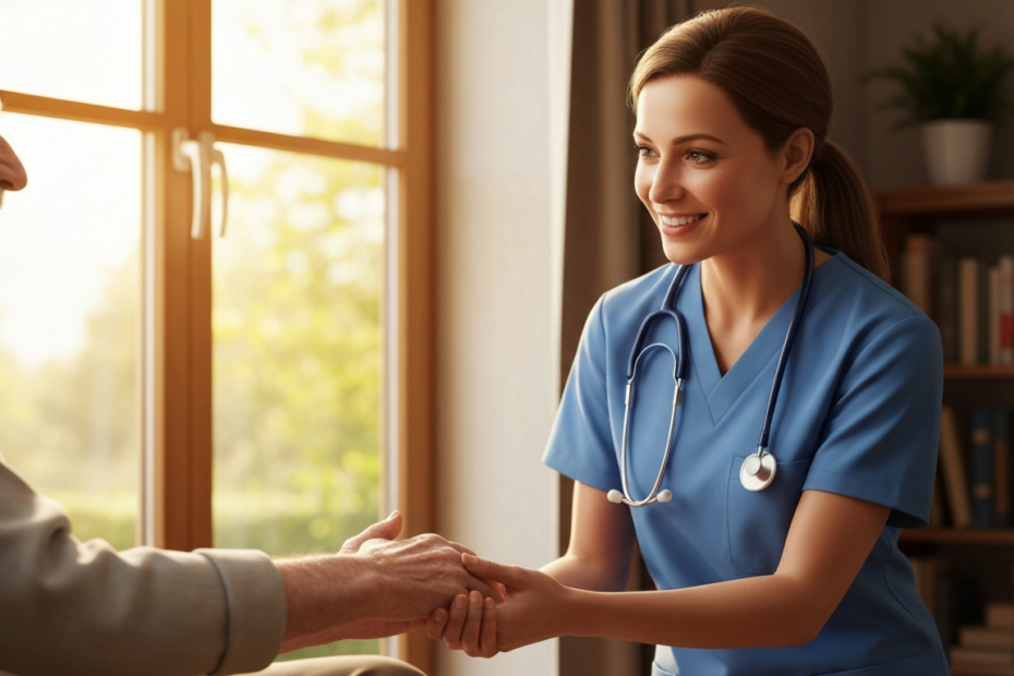 A compassionate healthcare professional gently holding the hand of an elderly person in a home setting, showing care and connection, natural lighting, realistic details of wrinkled hands and professio