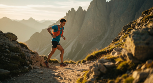 A trail runner in mid-stride on a rugged mountain path during golden hour, wearing technical running gear and hydration pack, with dramatic mountain scenery in the background, natural lighting, action