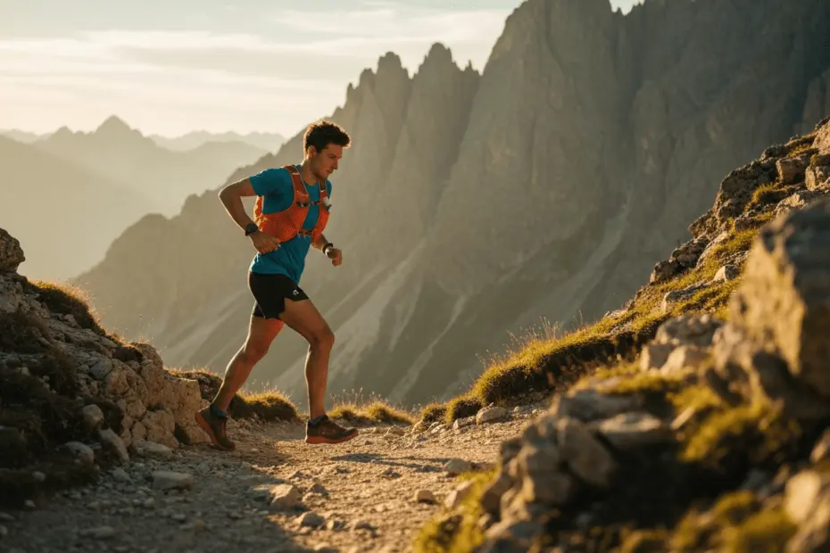A trail runner in mid-stride on a rugged mountain path during golden hour, wearing technical running gear and hydration pack, with dramatic mountain scenery in the background, natural lighting, action