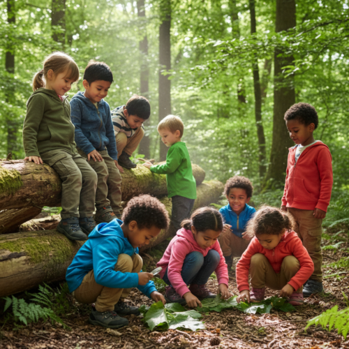 A diverse group of young children happily playing together in a sunlit forest clearing, climbing on fallen logs, examining leaves and insects with curious expressions, wearing casual outdoor clothing,