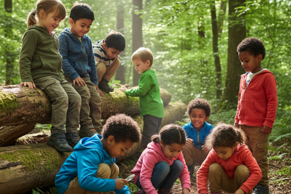 A diverse group of young children happily playing together in a sunlit forest clearing, climbing on fallen logs, examining leaves and insects with curious expressions, wearing casual outdoor clothing,