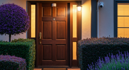 A realistic photo of a well-lit elderly person's home entrance at dusk, showing a motion-sensor light activated, a sturdy door with a peephole, trimmed bushes, and a visible security camera. The scene