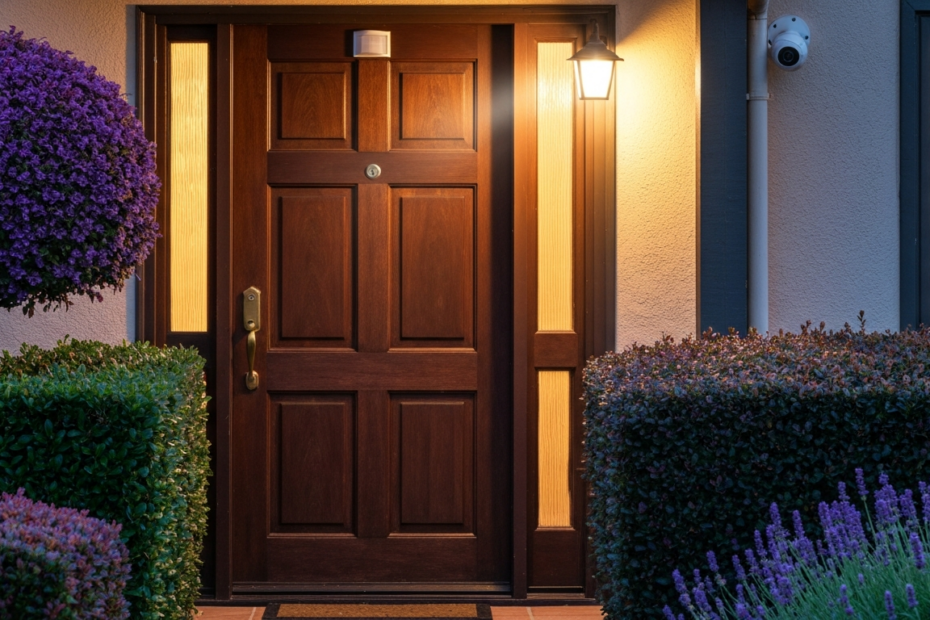 A realistic photo of a well-lit elderly person's home entrance at dusk, showing a motion-sensor light activated, a sturdy door with a peephole, trimmed bushes, and a visible security camera. The scene