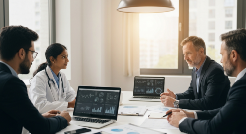 A professional pharmaceutical negotiation setting with diverse healthcare stakeholders discussing at a modern conference table, with documents and laptops showing healthcare data visualizations, natur