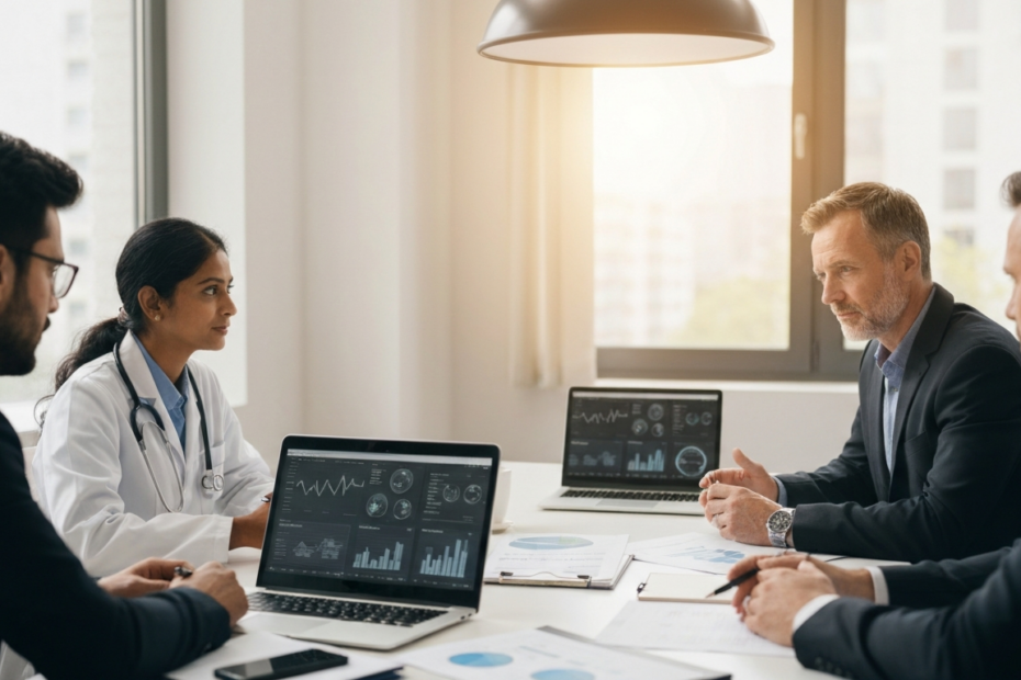 A professional pharmaceutical negotiation setting with diverse healthcare stakeholders discussing at a modern conference table, with documents and laptops showing healthcare data visualizations, natur