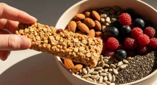 A close-up photorealistic image of a hand holding a supposedly healthy granola bar next to a bowl of fresh whole foods including nuts, seeds, and berries, with natural morning light highlighting the c