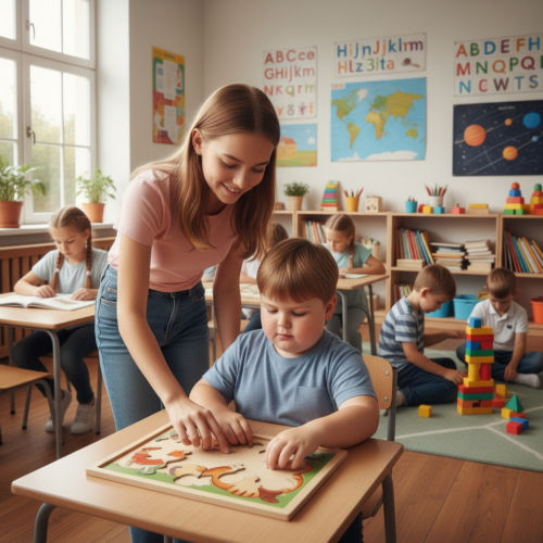 A detailed photorealistic image of a diverse group of children in a classroom setting, with one child appearing slightly older and more confident while helping a younger-looking peer with a puzzle, na