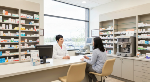 A professional, well-lit pharmacy interior with a pharmacist in a white coat consulting a patient at the counter, showing a trustworthy healthcare environment with visible medication shelves and profe