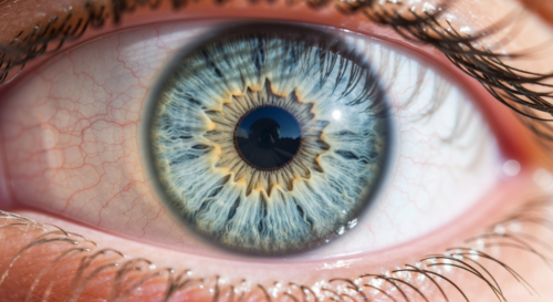 Close-up photorealistic image of a healthy human eye with clear lens and detailed iris structure, showing perfect transparency and light reflection, natural lighting, medical illustration style