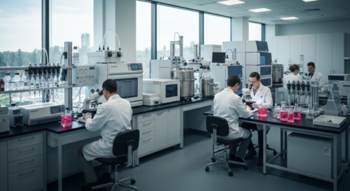 A detailed photorealistic image of a modern pharmaceutical research laboratory with scientists in white coats examining cancer cell cultures under microscopes, with advanced biotechnology equipment in