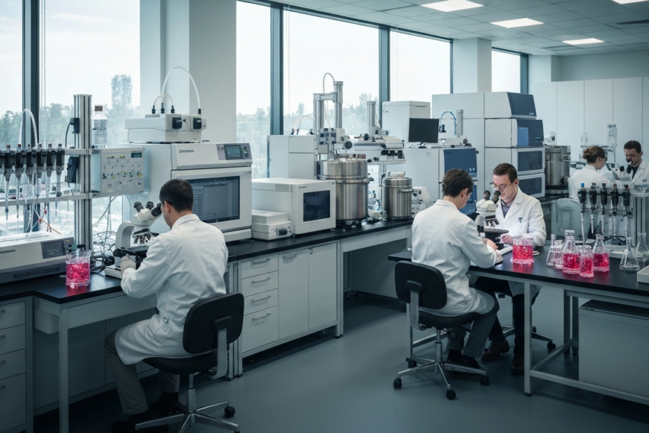 A detailed photorealistic image of a modern pharmaceutical research laboratory with scientists in white coats examining cancer cell cultures under microscopes, with advanced biotechnology equipment in