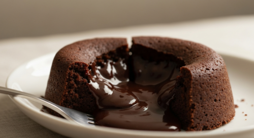 A close-up, photorealistic image of a molten chocolate lava cake being cut open, revealing a rich, flowing dark chocolate center on a white ceramic plate, with a fork nearby and soft natural lighting