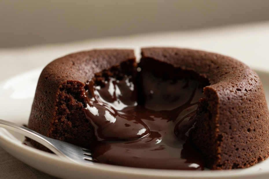 A close-up, photorealistic image of a molten chocolate lava cake being cut open, revealing a rich, flowing dark chocolate center on a white ceramic plate, with a fork nearby and soft natural lighting