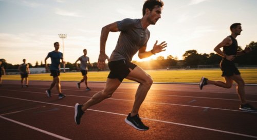 A focused runner performing high-intensity interval training on a track at sunset, showing determination and proper running form, sweat visible on forehead, wearing technical running gear, with other