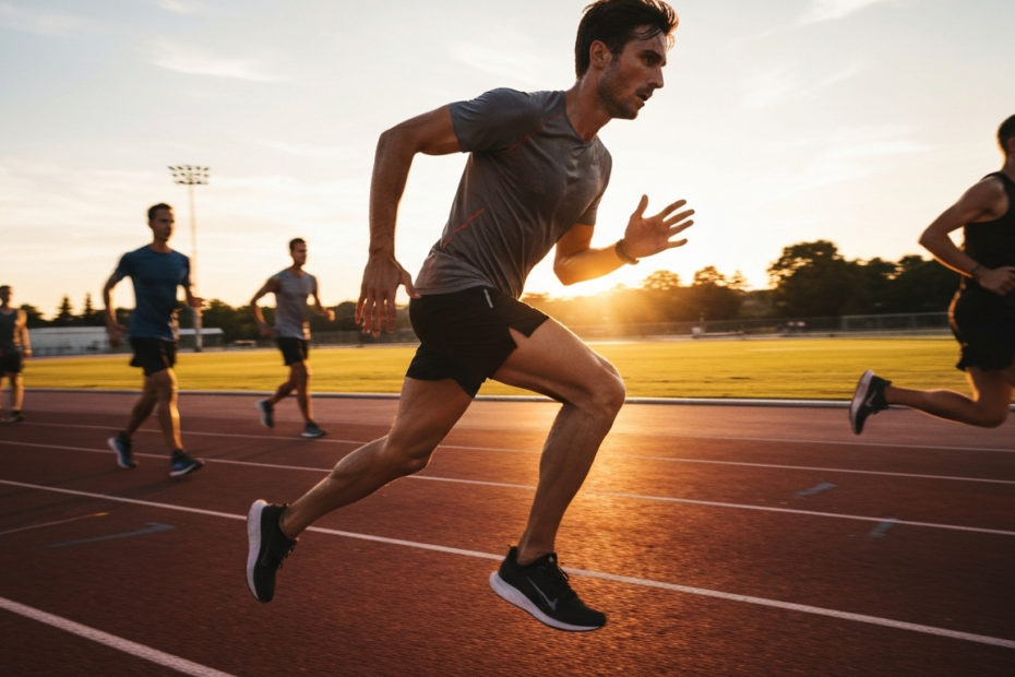 A focused runner performing high-intensity interval training on a track at sunset, showing determination and proper running form, sweat visible on forehead, wearing technical running gear, with other