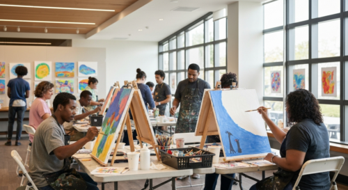A photorealistic image of a diverse group of people participating in an art therapy session in a well-lit, modern community center setting. Participants are engaged in painting on canvases, with natur