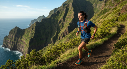 A trail runner in mid-stride on a narrow mountain path in Madeira, with dramatic cliffs dropping to the ocean below, lush green vegetation on both sides, early morning light creating long shadows, wea