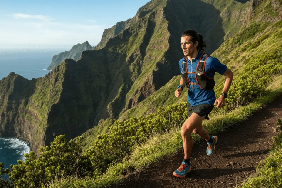 A trail runner in mid-stride on a narrow mountain path in Madeira, with dramatic cliffs dropping to the ocean below, lush green vegetation on both sides, early morning light creating long shadows, wea