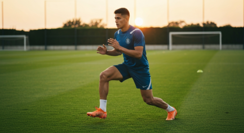 A professional soccer player performing dynamic warm-up exercises on a green training field during sunset, focusing on leg mobility and activation, wearing training gear, with a serious expression and