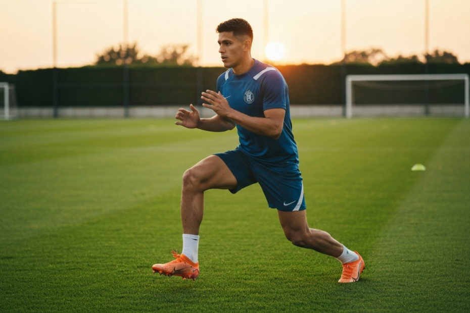 A professional soccer player performing dynamic warm-up exercises on a green training field during sunset, focusing on leg mobility and activation, wearing training gear, with a serious expression and