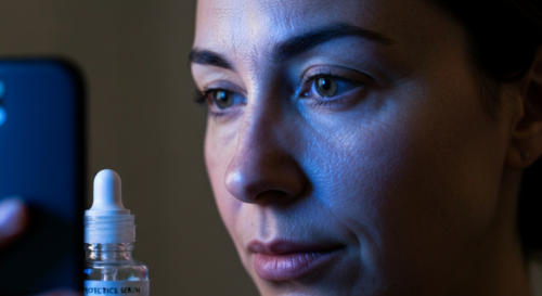 A close-up photorealistic image of a woman's face illuminated by the blue light from a smartphone screen in a dim room, showing fine lines and skin texture details, with a protective serum bottle in t