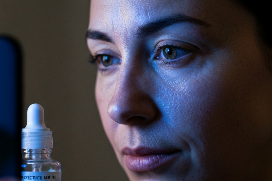 A close-up photorealistic image of a woman's face illuminated by the blue light from a smartphone screen in a dim room, showing fine lines and skin texture details, with a protective serum bottle in t