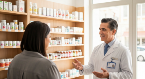A photorealistic image of a Spanish pharmacy interior with a pharmacist explaining homeopathic products to a customer, both looking at the product shelf, natural lighting, clean and professional envir