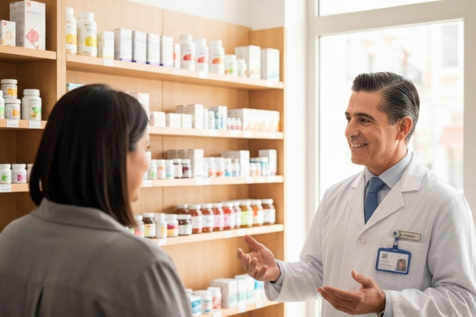 A photorealistic image of a Spanish pharmacy interior with a pharmacist explaining homeopathic products to a customer, both looking at the product shelf, natural lighting, clean and professional envir