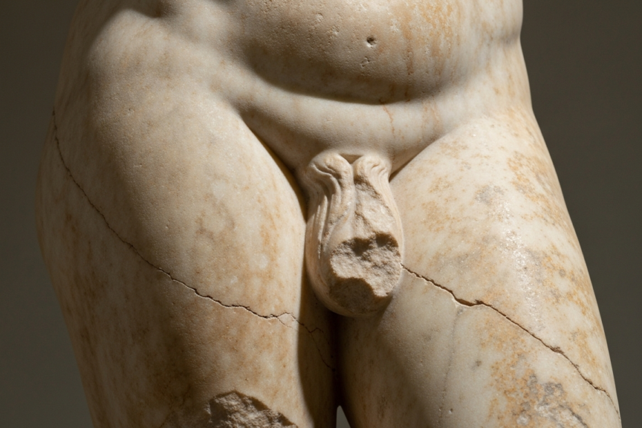 A detailed close-up of ancient marble statue genitalia with visible weathering and patina, showing artistic craftsmanship in natural museum lighting