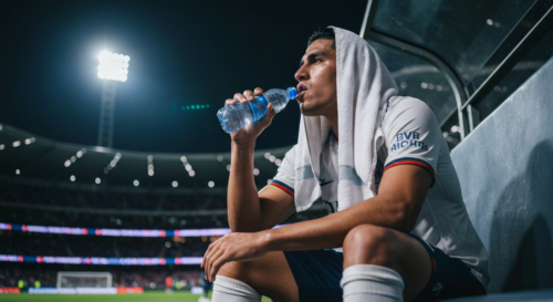 A photorealistic image of a professional soccer player resting on a bench after a match, with a towel over his head, drinking water, stadium lights in the background, natural lighting, high detail, no