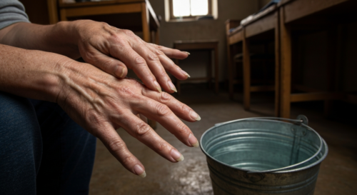 Photorealistic close-up of a person's hands with brittle, peeling nails, set in a dimly lit room with a bucket of water nearby, conveying scarcity and neglect.