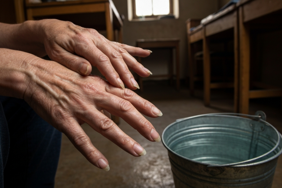 Photorealistic close-up of a person's hands with brittle, peeling nails, set in a dimly lit room with a bucket of water nearby, conveying scarcity and neglect.