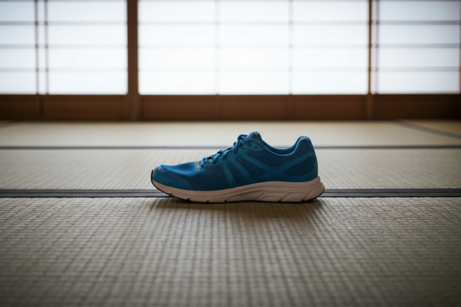 A pair of stylish running shoes placed on a tatami mat in a traditional Japanese tea room, with soft natural light streaming through a shoji screen. No text or logos.