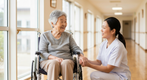 A photorealistic image of an elderly woman with a gentle smile, sitting in a wheelchair in a bright, clean nursing home corridor. A caregiver is kneeling beside her, holding her hand and looking at he