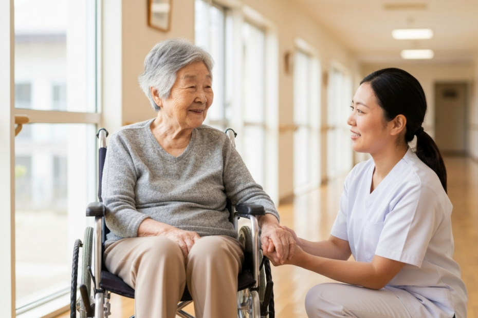 A photorealistic image of an elderly woman with a gentle smile, sitting in a wheelchair in a bright, clean nursing home corridor. A caregiver is kneeling beside her, holding her hand and looking at he