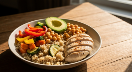 A photorealistic image of a colorful flexitarian meal bowl with quinoa, roasted vegetables, chickpeas, avocado, and a side of grilled chicken breast, on a wooden table with natural lighting.