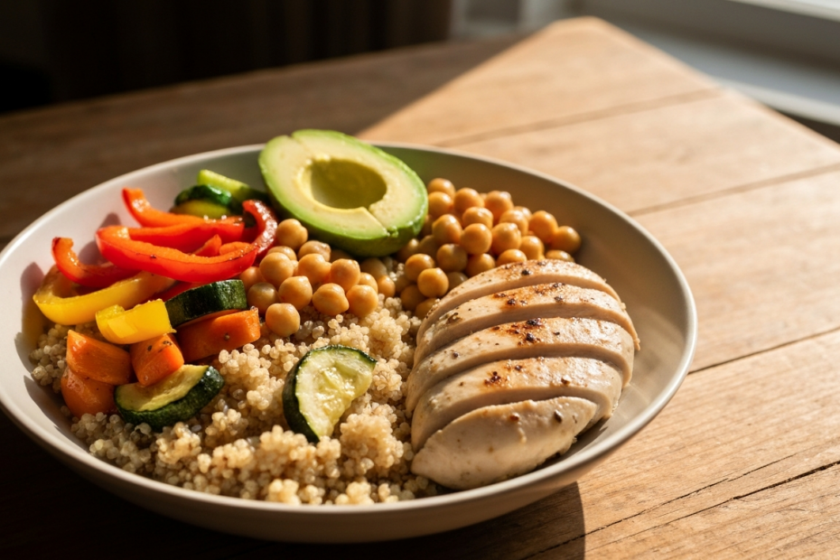 A photorealistic image of a colorful flexitarian meal bowl with quinoa, roasted vegetables, chickpeas, avocado, and a side of grilled chicken breast, on a wooden table with natural lighting.