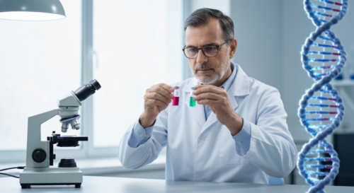 Photorealistic image of a scientist in a laboratory holding two small vials with colorful liquids, with a microscope and DNA helix in the background, soft lighting, high detail, no text or logos.