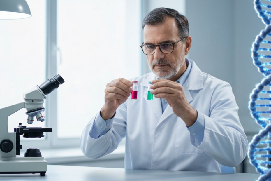 Photorealistic image of a scientist in a laboratory holding two small vials with colorful liquids, with a microscope and DNA helix in the background, soft lighting, high detail, no text or logos.