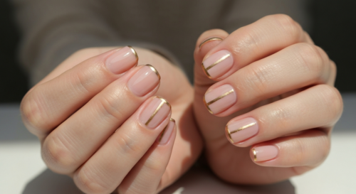 Photorealistic image of a woman's hands with a minimalist manicure: nude base with a thin gold line down the center of each nail. Soft natural lighting, clean background, focus on nails.